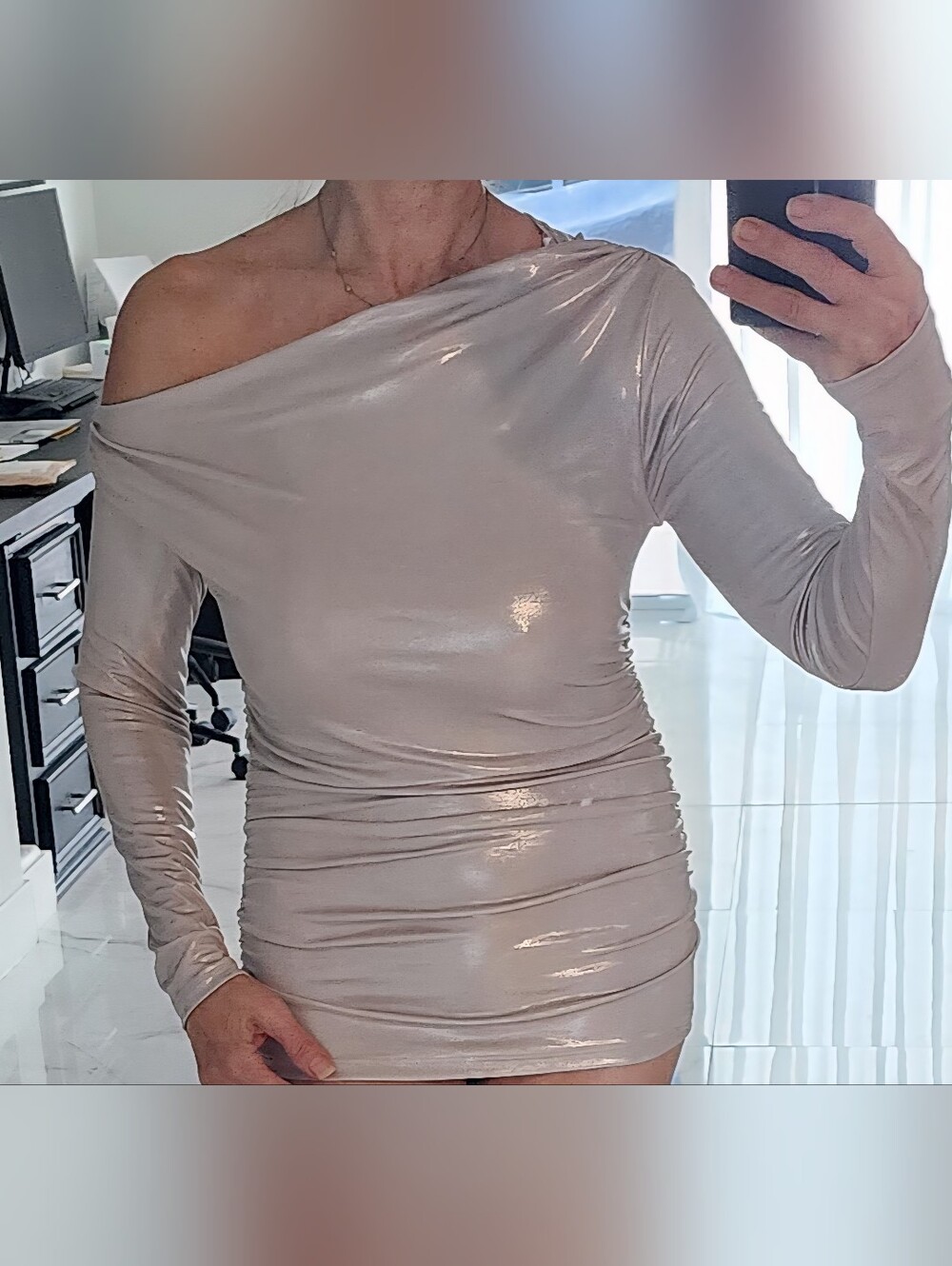 Abercrombie & Fitch One-Shoulder Shimmery Taupe Mini Dress